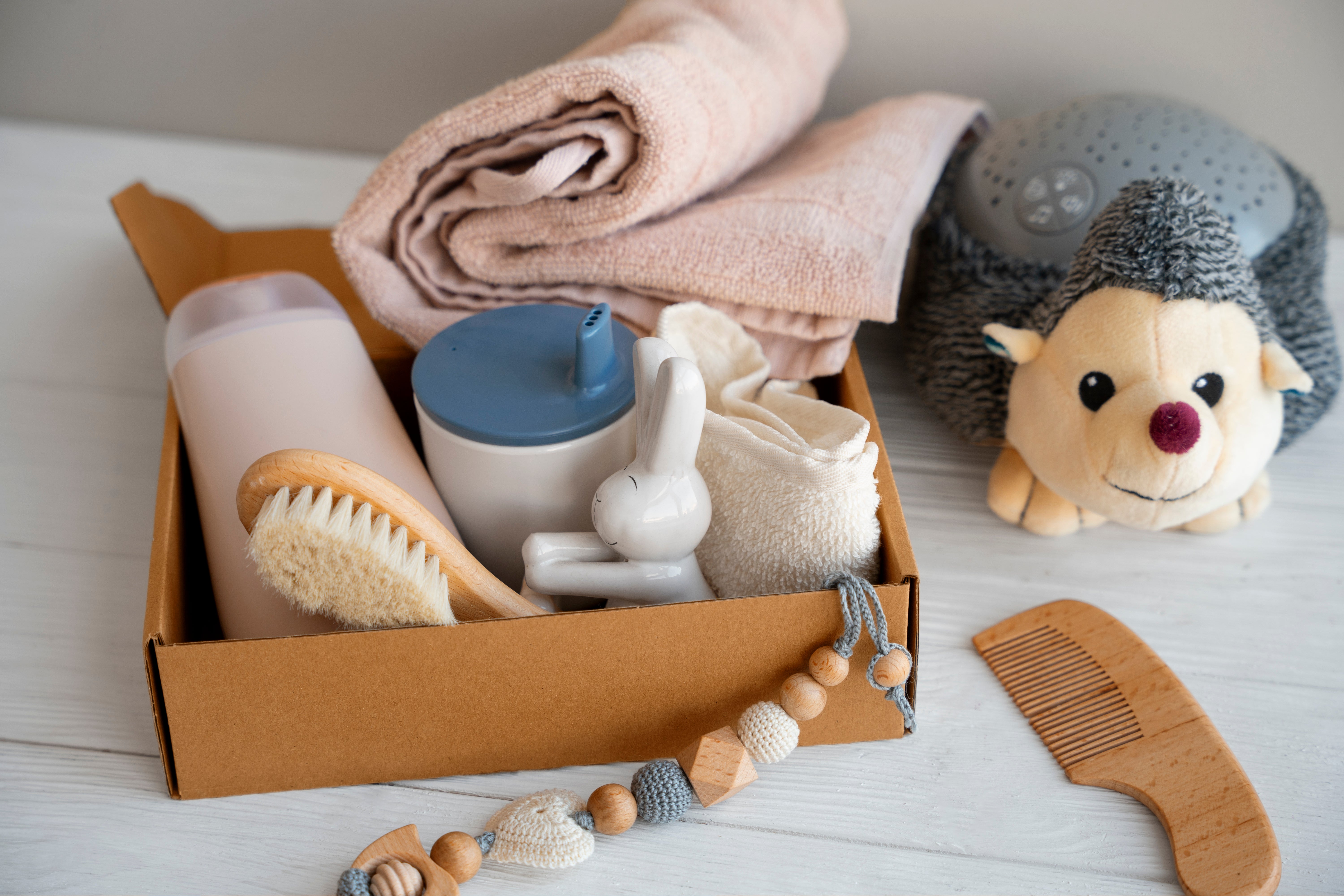 A clean and organized nursery with baby care products displayed on a shelf.