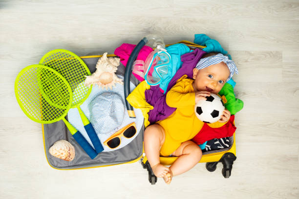 Essential travel gear for flying with a baby including strollers, carriers, and diaper bags