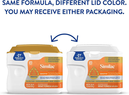 Similac 360 Total Care Sensitive Infant Formula for Fussiness & Gas Due to Lactose Sensitivity, Has 5 HMO Prebiotics, Non-GMO, Baby Formula Powder, 20.1-oz Tub