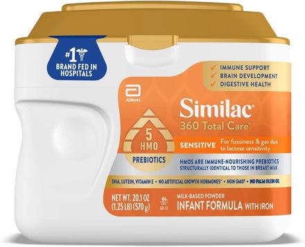 Similac 360 Total Care Sensitive Infant Formula for Fussiness & Gas Due to Lactose Sensitivity, Has 5 HMO Prebiotics, Non-GMO, Baby Formula Powder, 20.1-oz Tub