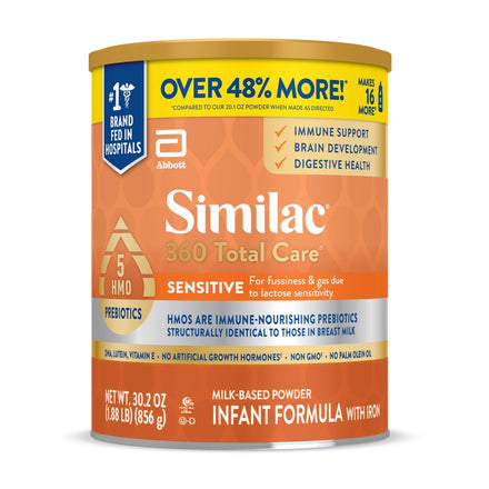 Similac 360 Total Care Sensitive Infant Formula for Fussiness & Gas Due to Lactose Sensitivity, Has 5 HMO Prebiotics, Non-GMO, Baby Formula Powder, 20.1-oz Tub