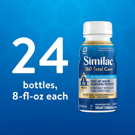 Similac 360 Total Care Infant Formula, Has 5 HMO Prebiotics, Our Closest Prebiotic Blend to Breast Milk, Non-GMO, Baby Formula, Ready to Feed, 8-fl-oz Bottle, Pack of 24