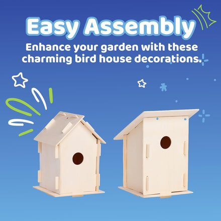 Neliblu DIY 12 Wooden Bird House Kits - Creative Arts and Crafts Set for Kids and Adults - Unfinished Wood Birdhouses with Paint Strips, Brushes, Stickers and Strings - 3 Unique Shapes, 2 Sizes