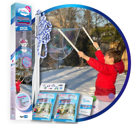 WOWmazing Giant Bubble Wands Kit: (4-Piece Set) | Incl. Wand, Big Bubble Concentrate and Tips & Trick Booklet | Outdoor Toy for Kids, Boys, Girls | Bubbles Made in The USA