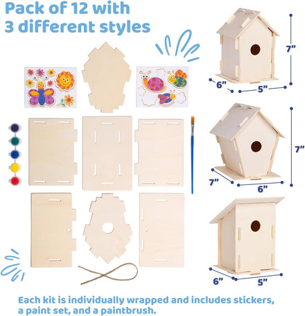 Neliblu DIY 12 Wooden Bird House Kits - Creative Arts and Crafts Set for Kids and Adults - Unfinished Wood Birdhouses with Paint Strips, Brushes, Stickers and Strings - 3 Unique Shapes, 2 Sizes