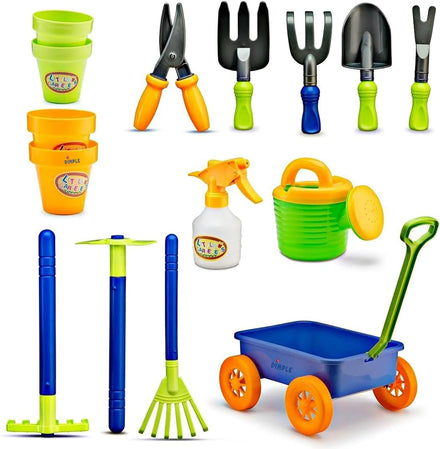 Dimple Garden Wagon & Tools Toy Set Premium 15 Pcs Kids Gardening Tools & Wagon Toy Set - Sturdy & Durable - Top Yd, Beach, Sand, Garden Play Set - Great for Kids & Toddlers
