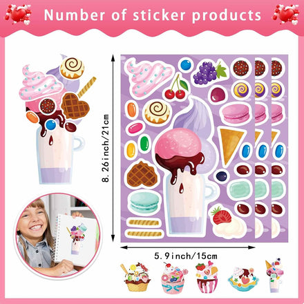 24 Sheets Make-a-face Stickers, Make Your Own Ice Cream Mix and Match Sticker Sheets DIY Summer Ice Cream Stickers for Kids Party Favors Activities