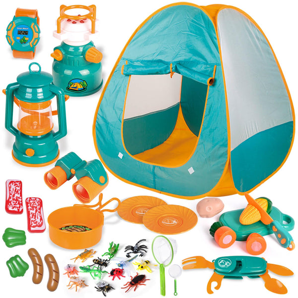 FUN LITTLE TOYS Pop Up Play Tent with Camping Gear and Tools Set, Outdoor Toys for Kids