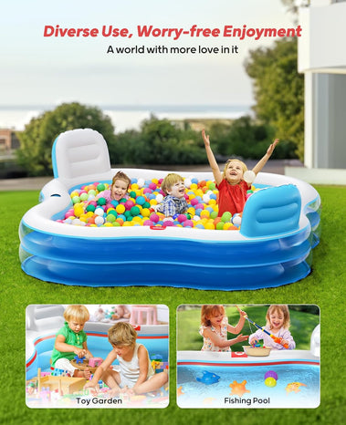 QPAU Inflatable Swimming Pool with 2 Seats and Backrests, 80" L x 80" W x 27" D Large Full-Sized Family Pools for Kids and Adults for Backyard, Garden, Outdoors, Blue