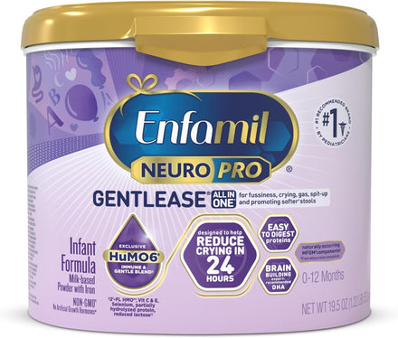 Enfamil NeuroPro Gentlease Baby Formula, Brain Building DHA, HuMO6 Immune Blend, Designed to Reduce Fussiness, Crying, Gas & Spit-up in 24 Hrs, has Prebiotics to Promote Softer Stools, Reusable Tub, 19.5 Oz