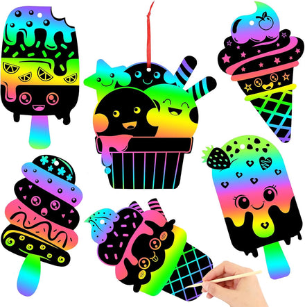 JULMELON 36 PCS Summer Crafts, Rainbow Scratch Art Summer Gifts Magic Color Ice Cream Scratch Cards DIY Sweet Candy Ornament for Party Favors School Activities