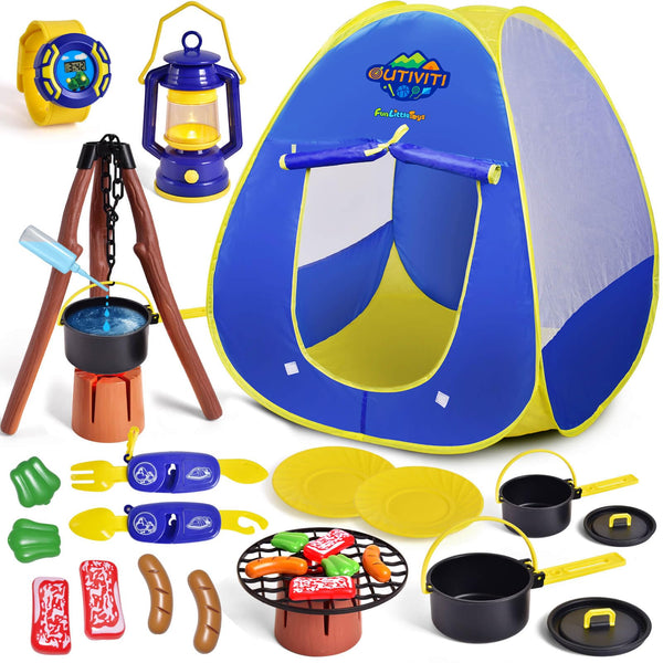 FUN LITTLE TOYS Pop Up Play Tent with Camping Gear and Tools Set, Outdoor Toys for Kids