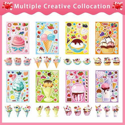 24 Sheets Make-a-face Stickers, Make Your Own Ice Cream Mix and Match Sticker Sheets DIY Summer Ice Cream Stickers for Kids Party Favors Activities