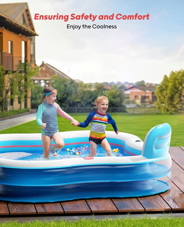 QPAU Inflatable Swimming Pool with 2 Seats and Backrests, 80" L x 80" W x 27" D Large Full-Sized Family Pools for Kids and Adults for Backyard, Garden, Outdoors, Blue