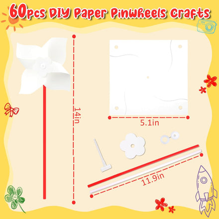 60pcs Summer Activities for Kids – DIY Paper Pinwheels Crafts, Blanks White Windmill Kits Bulk for Mothers Day, Classroom Party, Easter, Garden, Art Projects, 4th of July