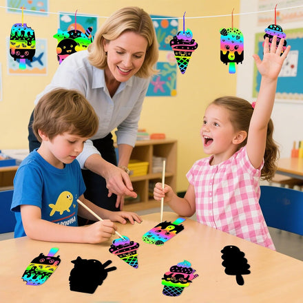 JULMELON 36 PCS Summer Crafts, Rainbow Scratch Art Summer Gifts Magic Color Ice Cream Scratch Cards DIY Sweet Candy Ornament for Party Favors School Activities