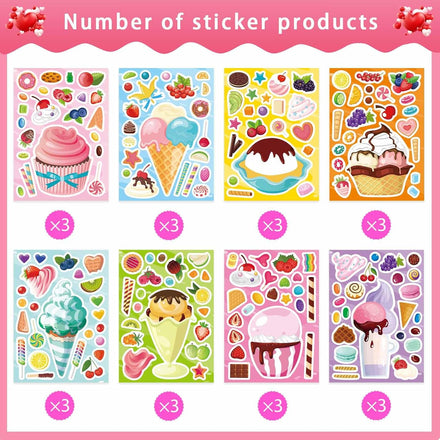 24 Sheets Make-a-face Stickers, Make Your Own Ice Cream Mix and Match Sticker Sheets DIY Summer Ice Cream Stickers for Kids Party Favors Activities