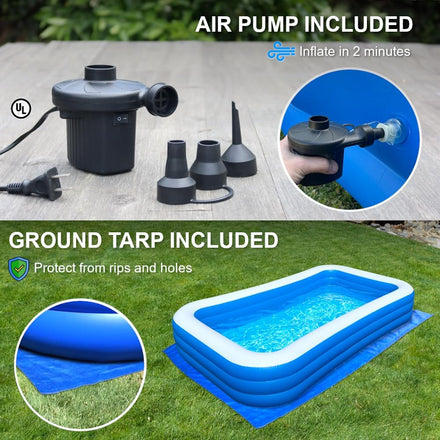 Inflatable Pool for Adults 10' x 6' - Bundle (Ground Tarp and Electric Pump Included) - Easy Setup
