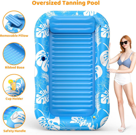 Inflatable Tanning Pool Lounger Float with Sprinkler, 77" x 48" Pool Floats Adult with Pillow, 6 in 1 Suntan Tub Raft Floatie with Drink Holder Sunbathing Water Lounge