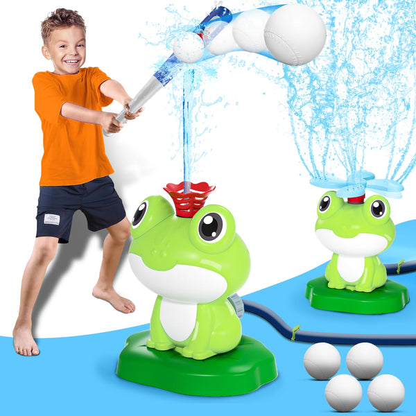 2-in-1 Water Sprinkler Baseball Toy for Kids Outdoor Play, 360° Rotating Spray and 2 Sprinkler Heads for Splashing and T-Ball Games, Summer Backyard Lawn Activities for Toddler Ages 3+ (Red)