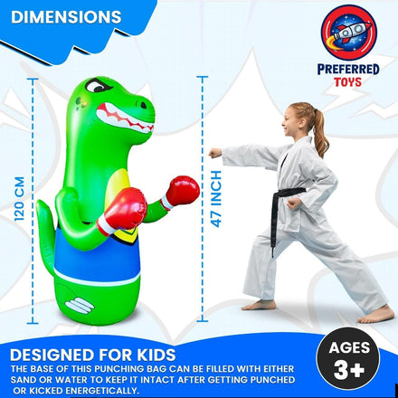 Inflatable Dinosaur Punching Bag for Kids – Bop Bag for Toddlers and Children Ages 3-14 – 47" Blow Up Toy with Bounce-Back Action – Fill Base with Sand or Water