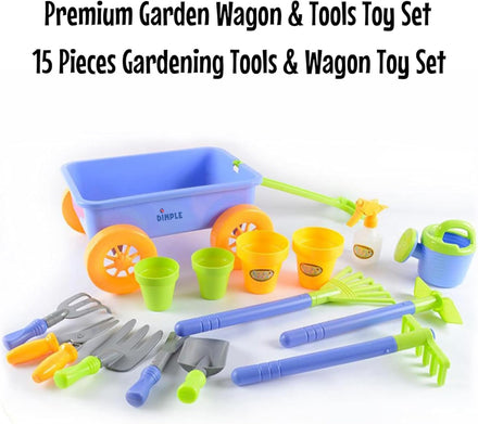 Dimple Garden Wagon & Tools Toy Set Premium 15 Pcs Kids Gardening Tools & Wagon Toy Set - Sturdy & Durable - Top Yd, Beach, Sand, Garden Play Set - Great for Kids & Toddlers