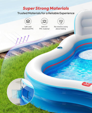 QPAU Inflatable Swimming Pool with 2 Seats and Backrests, 80" L x 80" W x 27" D Large Full-Sized Family Pools for Kids and Adults for Backyard, Garden, Outdoors, Blue