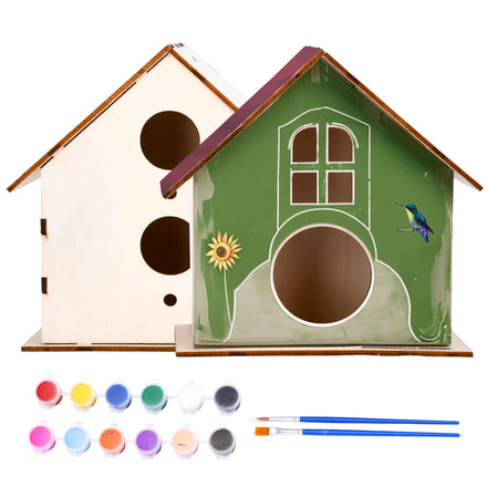Neliblu DIY 12 Wooden Bird House Kits - Creative Arts and Crafts Set for Kids and Adults - Unfinished Wood Birdhouses with Paint Strips, Brushes, Stickers and Strings - 3 Unique Shapes, 2 Sizes
