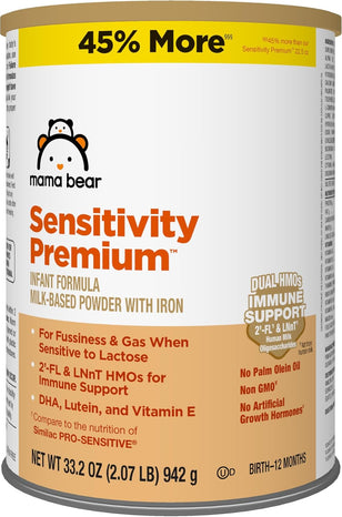 Amazon Brand - Mama Bear Sensitivity Premium Infant Formula Powder with Iron, Dual HMOs for Immune Support, Non-GMO, for Fussiness and Gas Due to Lactose Sensitivity, 2.07 Pound (Pack of 1)