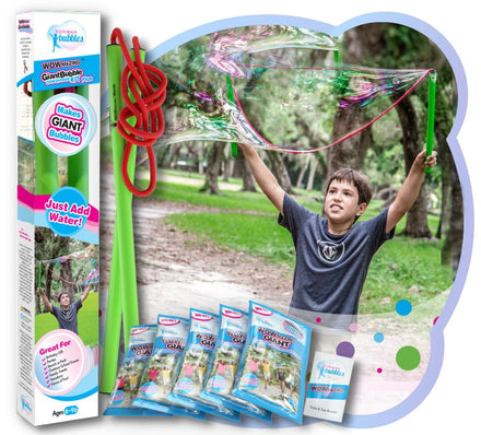 WOWmazing Giant Bubble Wands Kit: (4-Piece Set) | Incl. Wand, Big Bubble Concentrate and Tips & Trick Booklet | Outdoor Toy for Kids, Boys, Girls | Bubbles Made in The USA