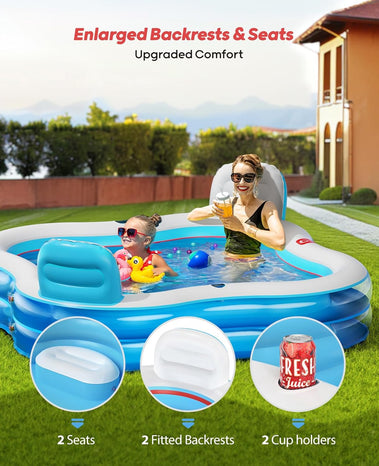 QPAU Inflatable Swimming Pool with 2 Seats and Backrests, 80" L x 80" W x 27" D Large Full-Sized Family Pools for Kids and Adults for Backyard, Garden, Outdoors, Blue