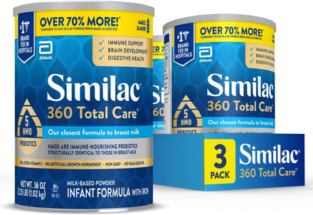 Similac 360 Total Care Infant Formula, Has 5 HMO Prebiotics, Our Closest Prebiotic Blend to Breast Milk, Non-GMO, Baby Formula Powder, 36-oz Value Can, Pack of 3