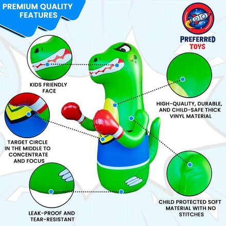 Inflatable Dinosaur Punching Bag for Kids – Bop Bag for Toddlers and Children Ages 3-14 – 47" Blow Up Toy with Bounce-Back Action – Fill Base with Sand or Water