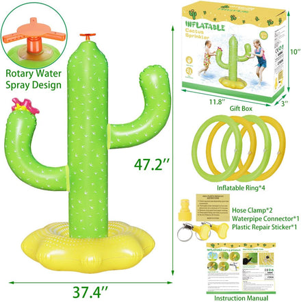 Sprinkler for Kids, Inflatable Cactus Water Toys for Boys Girls, Summer Outdoor Game with 4 Rings, Backyard Water Sprinkler Spray Toy Fun Gifts for Children Ages 3 4 5 6 Years and Up