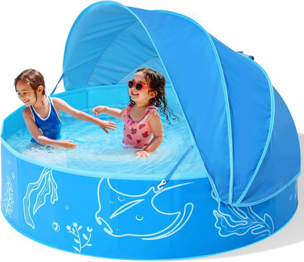 Foldable Kiddie Pool with Canopy: 47in Baby Pool and Beach Tent for Toddlers Infants 6-12 Months and Kids 2-4 Years Old - Portable Water Play with Shade for Outdoor Backyard Beach (Blue-Blue)