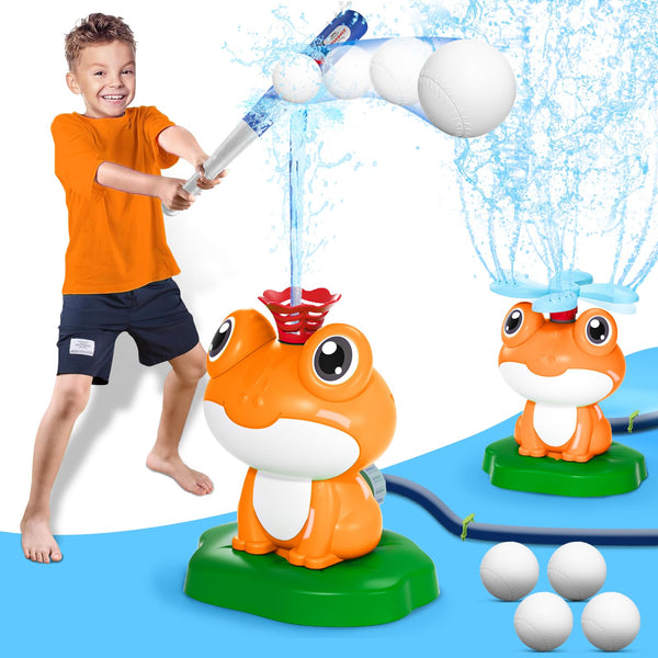 2-in-1 Water Sprinkler Baseball Toy for Kids Outdoor Play, 360° Rotating Spray and 2 Sprinkler Heads for Splashing and T-Ball Games, Summer Backyard Lawn Activities for Toddler Ages 3+ (Red)