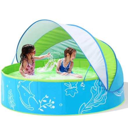 Foldable Kiddie Pool with Canopy: 47in Baby Pool and Beach Tent for Toddlers Infants 6-12 Months and Kids 2-4 Years Old - Portable Water Play with Shade for Outdoor Backyard Beach (Blue-Blue)
