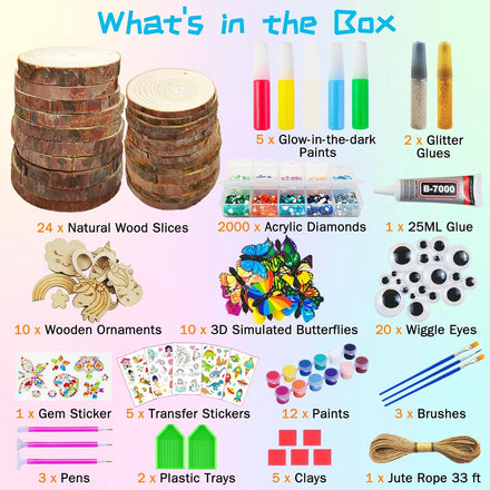 KIRKOTOY Wooden Crafts Kit for Kids-Glow in The Dark-Arts & Crafts Gifts for Boys Girls Age 6-12, 24 Wood Slices with Painting Craft Activities Kits, Creative Art Toys for 6 7 8 9 10 11 12 Year Old