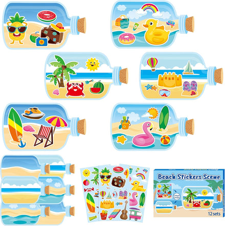 CY2SIDE Summer Beach Stickers - 12PCS Summer Drifting Bottles Sticker Art Craft for Kid Make Your Own Beach Sticker Scene with Pineapple Flamingo DIY Hawaii Party Game Class Fun Activities