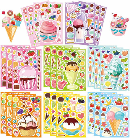 24 Sheets Make-a-face Stickers, Make Your Own Ice Cream Mix and Match Sticker Sheets DIY Summer Ice Cream Stickers for Kids Party Favors Activities