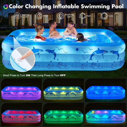 2025 Upgrade Inflatable Pools with Lights, Family Inflatable Swimming Pools for Kids,Adults, Blow Up Pool Solar Powered, Large Kiddie Pool, Durable Thickened Inflatable Family Pool for Backyard-Blue