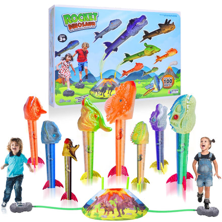 Dinosaur Toy Rocket Launcher for Kids - Launch Up to 100 Ft, 4 Rockets, Outdoor Outside Toys for Kids, Dinosaur Toys, Birthday Gifts for 3 4 5 6 7 8-12 Year Old Boys Girls