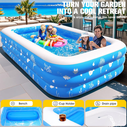 Inflatable Pool with Seat and Pool Lights, Durable Thickened Large Size Family Inflatable Pools for Adults Blow Up Pools,105" x 65" x 25"Swimming Inflatable Kids PooI for Backyard,Outdoor (White)