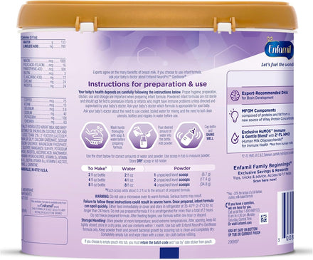 Enfamil NeuroPro Gentlease Baby Formula, Brain Building DHA, HuMO6 Immune Blend, Designed to Reduce Fussiness, Crying, Gas & Spit-up in 24 Hrs, has Prebiotics to Promote Softer Stools, Reusable Tub, 19.5 Oz