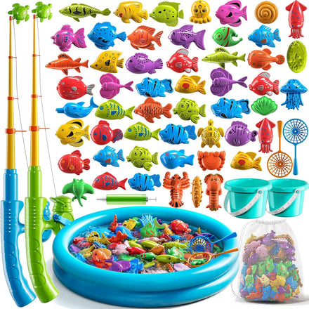 Pool Fishing Toys Games, Water Table Bathtub Toy with Inflatable Pool Pole Rod Net Plastic Floating Fish, Birthday Gifts for Kids Age 3 4 5 6 Year Old,Kids Outdoor Toys