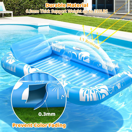 Inflatable Tanning Pool Lounger Float with Sprinkler, 77" x 48" Pool Floats Adult with Pillow, 6 in 1 Suntan Tub Raft Floatie with Drink Holder Sunbathing Water Lounge