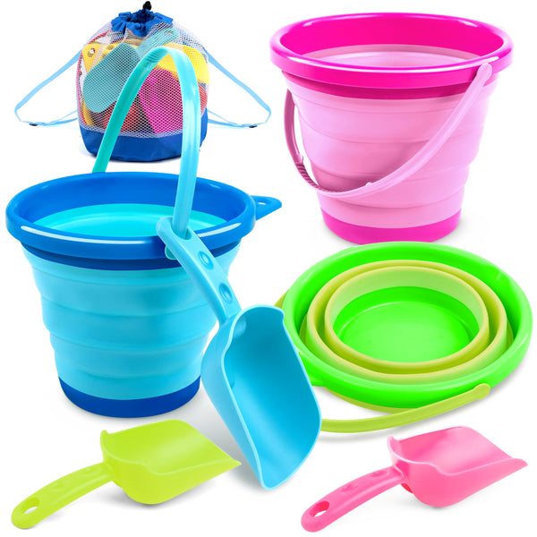 JOYIN 3 Packs Foldable Pail Bucket with Shovels & Mesh Bag, Collapsible Buckets Multi Purpose for Beach, Camping Gear, Beach Party, Fishing, and Fun Summer Activities (Yellow/Blue/Green)
