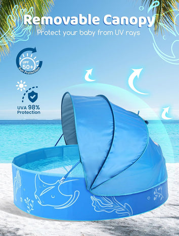 Foldable Kiddie Pool with Canopy: 47in Baby Pool and Beach Tent for Toddlers Infants 6-12 Months and Kids 2-4 Years Old - Portable Water Play with Shade for Outdoor Backyard Beach (Blue-Blue)