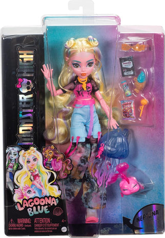 Monster High Lagoona Blue Doll in Mesh Tee and Cargo Pants, Includes Pet Fish Neptuna and Accessories Like a Backpack, Snack and Notebook