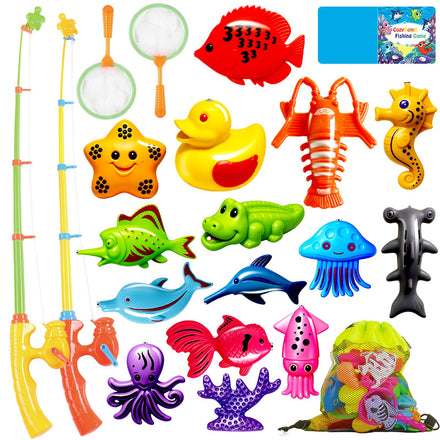 CozyBomB™ Magnetic Fishing Toys Game Set for Kids | Water Table Bathtub Kiddie Pool Party & Pole Rod Net, Plastic Floating Fish Toddler Color Ocean Sea Animals Birthday Age 3 4 5 6 Year